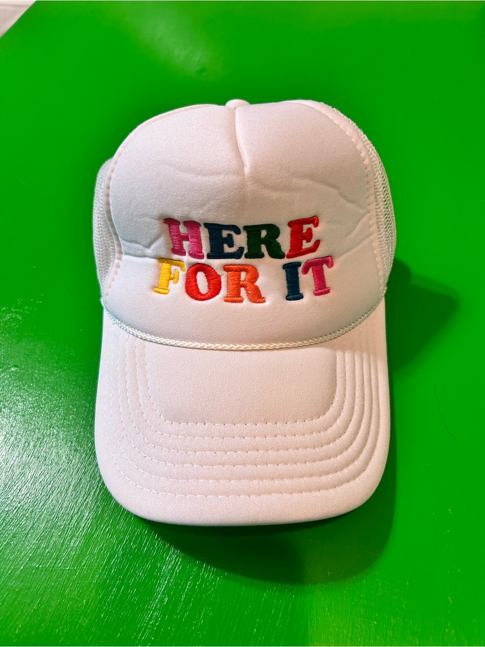 Kids White Cap with Multi-Color 'HERE FOR IT' Embroidery